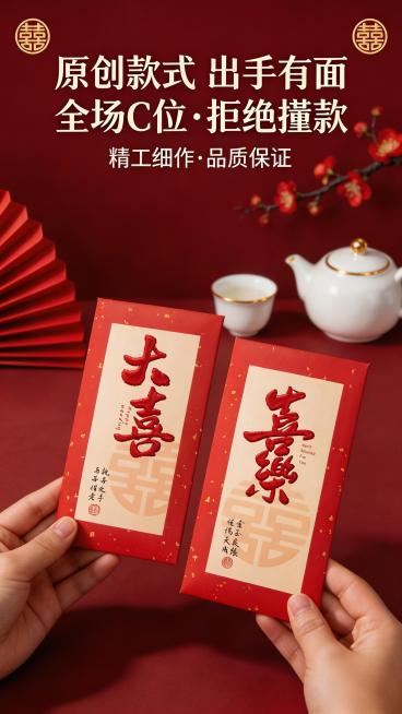 新中式国风婚庆礼品商业摄影，参考图红包设计，两只手分别手持两款中式婚庆红包，平视偏俯视角度，红包呈对角线构图，左右各一，手部自然托举展示细节。画面上部分添加文案，居中主文案"原创款式出手有面全场C位·预览效果