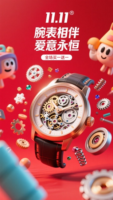 背景是充满艺术感的哑光正红色。一款精致的腕表以爆炸图（解构）的形式悬浮在画面中，其内部的齿轮、弹簧、宝石轴承等零件优雅地散落在周围，仿佛时间被瞬间定格，展现精密机械之美。
上方小标题“11.11”的l预览效果