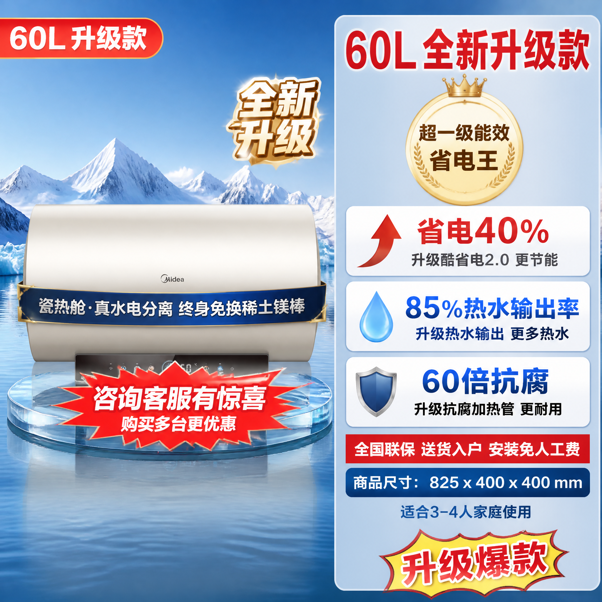 拼多多电热水器60L升级款主图，1:1正方形，左右结构布局，左… - 图片创意预览