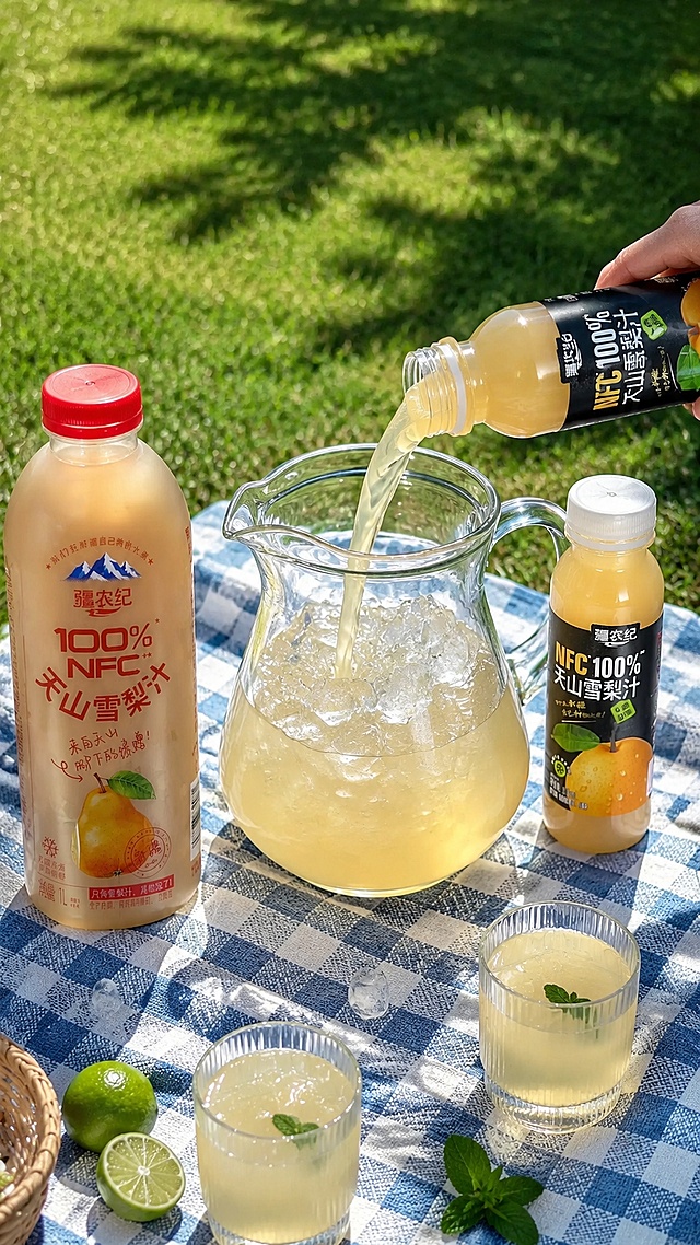 超写实动态商业产品摄影。主体：疆农纪天山雪梨汁饮料严格参照上传产品图，完整保留一大一小两瓶产品所有可见组件、轮廓、结构、比例、材质、颜色与产品本体上的文字信息（logo / 图案 / 规格 / 参数等），与上传图完全一致；捕捉动态 pouring 瞬间，倒入放了冰块的透明玻璃壶中，准备分杯。构图：抬高俯视角度，玻璃壶放在中心。风格：户外露营清爽风，国内电商种草氛围。场景：户外草坪野餐，格子餐布上。空间：① 中心透明玻璃壶里加了冰块，正在倒入雪梨汁；② 左侧放一大瓶成品果汁；③ 右侧放小瓶成品果汁；④ 背景绿色草坪，远处树荫投影。陪衬：① 格子餐布为蓝白格纹棉麻；② 冰块透明，雪梨汁鹅黄色；③ 绿色草坪。配色 / 材质：蓝白 / 透明 / 鹅黄 / 草绿；棉麻 / 玻璃 / 冰块。光影：正午夏日户外自然光，明亮清透，冷调清爽，阳光穿透果汁金色通透。参数：4K高清，高速快门凝固动态瞬间，严格锁定宽高比为 9:16。