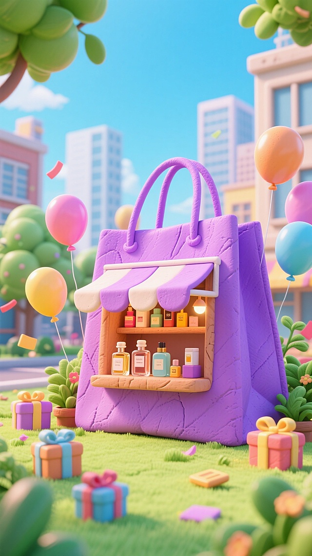 梦幻感与可爱感交织的软3D风格场景，紫色购物袋化身微缩商店，搭配粘土质感与卡通元素，营造超现实主义节日氛围。
