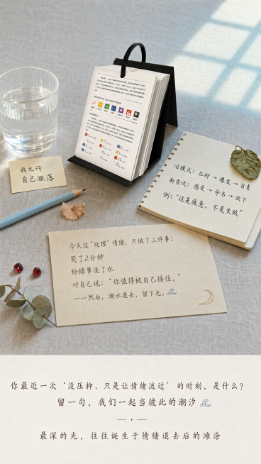 参考图中的日历立于原木托盘中央，重新设计场景：
左侧（"接纳"区）：放置1个盛有清水、水面平静的透明玻璃杯，旁边放便签写着"我允许自己涨落"，还有1支浅粉蓝杆铅笔，笔尖整齐削好，旁边放橡皮屑。
右侧（预览效果