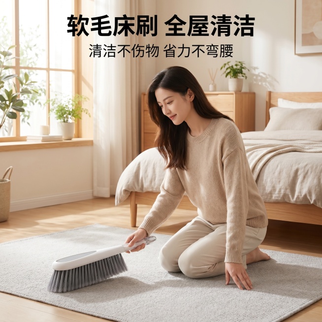 [主图 1] 漂亮家庭妇女使用除尘刷清扫地垫场景首图。
[氛围风格] 温馨干净明亮的居家日用风格
[画质] 商业摄影质感、光线柔和通透、产品清晰真实、画面干净高级。
[元素] 干净整洁的卧室地面，铺设预览效果