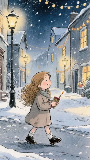 在大年夜，一个乖巧的小女孩，长长的头卷发，穿着新皮鞋在街上走着，她的火柴快要卖完了预览效果