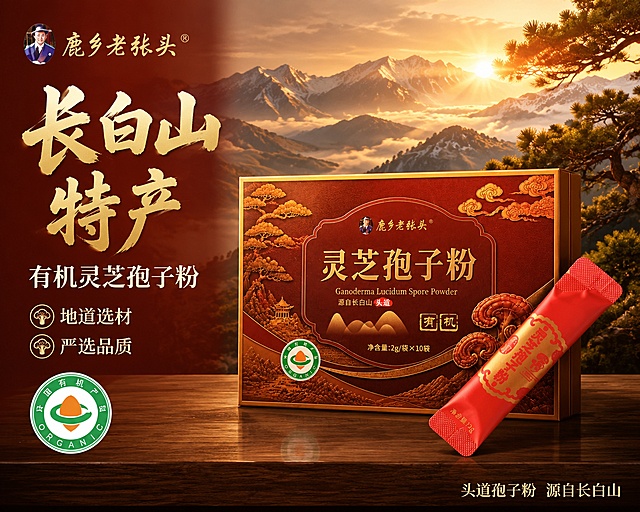 以图中灵芝孢子粉产品包装盒和独立小袋为主体，生成一张国风品质感电商主图。保持产品外观、颜色、结构、Logo、有机认证标识与输入产品图完全一致，杜绝变形和色差。

画面构图：左文右品布局，产品包装盒居中偏右，独立小袋斜靠在包装盒右前方，产品整体占画面约55%。左侧为文案区域，不遮挡产品主体。

背景氛围：长白山山脉远景剪影，云雾缭绕，山间有松树点缀，暖金色晨光从山后透出，营造产地溯源的天然纯净感。底部有深棕色木纹台面承托产品，增加稳重感。整体色调以深红、暗金、暖棕为主，国风高级质感。

文字内容（全部清晰可读，中文横排）：
- 左上角放置品牌Logo区域，保留"鹿乡老张头"品牌名
- 左侧主标题大字："长白山特产"，金色粗体书法风格，字号最大
- 主标题下方副文案："有机灵芝孢子粉"，稍小字号，白色或浅金色
- 再下方两行卖点短句，每行前加金色小圆点图标："地道选材"、"严选品质"
- 左下角放置有机认证圆形图标（绿色有机标志）
- 底部右侧小字："头道孢子粉 源自长白山"

光影：暖金色侧逆光，产品边缘有金色轮廓光，包装盒表面有细腻反光，木纹台面有柔和投影，整体光线通透有层次，商业摄影质感。

风格：国风品质感，红金配色，突出产地溯源与有机认证的信任感，画面干净高级，无多余杂物。