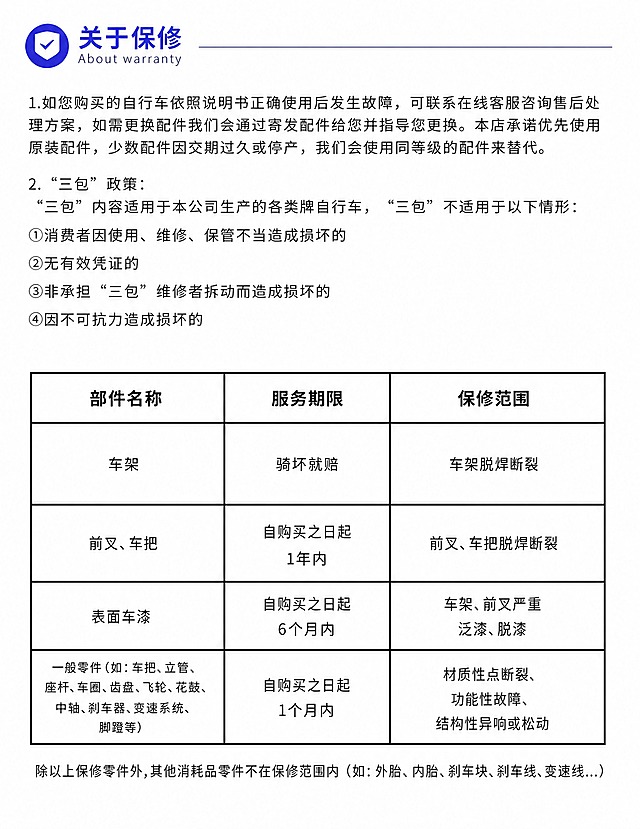 修改表格中服务期限列的文字，去掉所有"包换"二字：
- 第二行改为"自购买之日起1年内"
- 第三行改为"自购买之日起6个月内"
- 第四行改为"自购买之日起1个月内"
第一行车架的"骑坏就赔"保持不变。整体布局、字体、风格与原图一致。