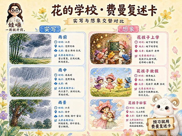 A4横版费曼复述卡，米黄色暖色调手绘水彩风格，温馨儿童教育风。左上角卡通女孩logo，下方写"娃噢"和"一用就开窍。"。顶部大标题"花的学校·费曼复述卡"，副标题"实写与想象交替对比"。画面主体左右两列：左侧蓝色调"实写"列三个场景（雨前、雨中、雨景），右侧粉紫色调"想象"列三个场景（花孩子上学、放假、回家），每个场景卡片有时间地点元素做什么内容。右下角白色九尾小羊神兽举牌写"预习就用费曼复述卡"。背景米黄色渐变，点缀花朵叶子。版式精美，文字清晰，品牌名准确为娃噢。