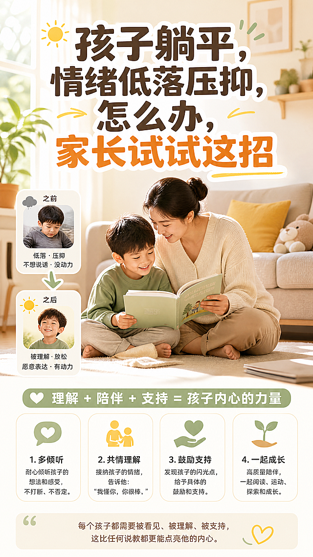 育儿科普宣传图，主题为孩子躺平、情绪低落压抑应对方法，风格现代简约，温暖治愈的居家场景，家长陪伴孩子坐在阳光客厅看书，画面顶部显示大字标题"孩子躺平，情绪低落压抑，怎么办，家长试试这招"，配色温暖自然，整体积极正向，干净大气，无违规内容