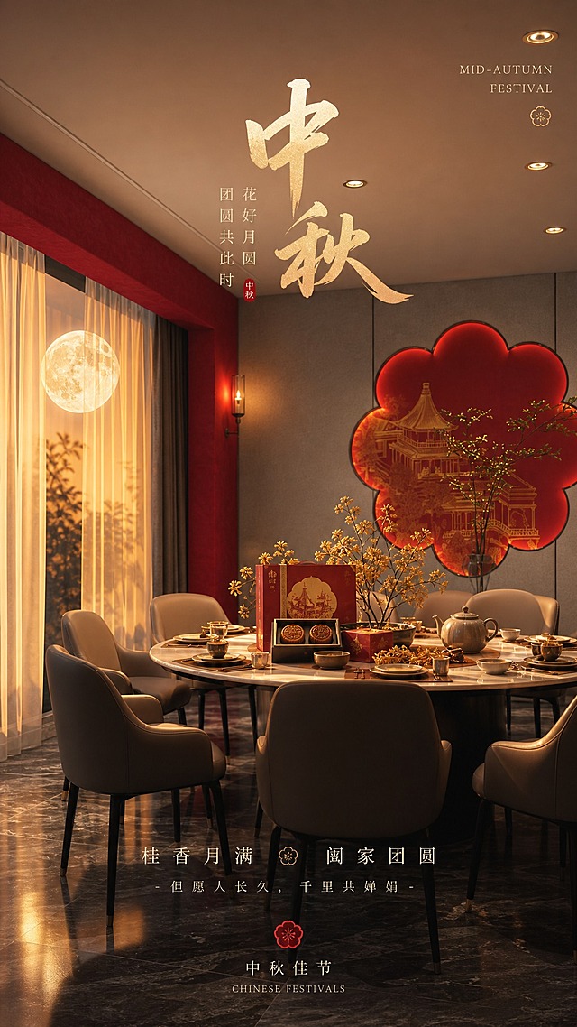 基于这张新中式高端餐厅包间图，生成一张高级感中秋节海报。保留餐厅的轻奢雅致空间结构和红色花形背景装饰，融入中秋节元素：窗外悬挂一轮皎洁圆满的明月，暖金色月光透过纱帘洒入室内，圆桌上摆放精致的月饼礼盒、桂花枝与中式茶点，整体氛围温馨团圆，高级新中式轻奢风格，光影柔和富有质感，画面充满中秋节日的诗意与雅致氛围