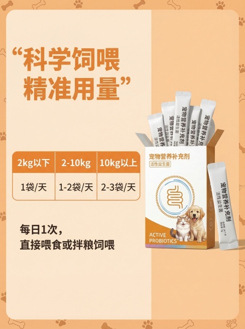 淘宝天猫详情页，宠物益生菌，和主图风格一致，暖橙浅米配色，简约高级，展示用法用量：2kg以下1袋/天，2-10kg 1-2袋/天，10kg以上 2-3袋/天，每日1次，直接喂食或拌粮饲喂。参考原图排版预览效果