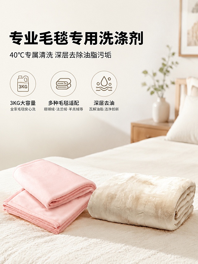 [第1屏] 详情页头图 毛毯专用洗涤剂主视觉海报。本屏使用【图1】作为商品主体。
[氛围/风格] 高级干净温馨家居风，商业摄影质感，明亮通透。
[元素布局] 画面下半部分放置折叠整齐的粉色米色毛毯，占比约60%，保持产品颜色、材质、折叠形态与输入产品图一致，产品不变形不色差。画面上半部分留白放置标题文案，背景为浅米色干净卧室墙面，整体简洁高级。
[光影质感] 顶部柔光漫射，毛毯纹理清晰，明暗层次自然，阴影柔和不生硬，整体通透明亮。
[配色色系] 全局底色 #f5f5f0；主色浅米灰；辅助色毛毯粉色、米色。
[视角构图] 正面平视视角，头图文字在上产品在下，阅读动线从上到下，景深适中，背景虚化突出主体。
[文字版式] 顶部左对齐，主标题「专业毛毯专用洗涤剂」黑色粗体大字；副标题「40℃专属清洗 深层去除油脂污垢」小字，不遮挡毛毯主体。底部三个卖点图标：「3KG大容量」「多种毛毯适配」「深层去油」，图标配短说明，排列均匀整齐。
[比例分辨率] 3:4 比例，4K分辨率，文字清晰可辨，高清画质。
[负向提示词] 变形，水印，文字错乱，文字过小，缺件错件，结构错误，颜色偏差，产品图模糊，背景杂乱。
