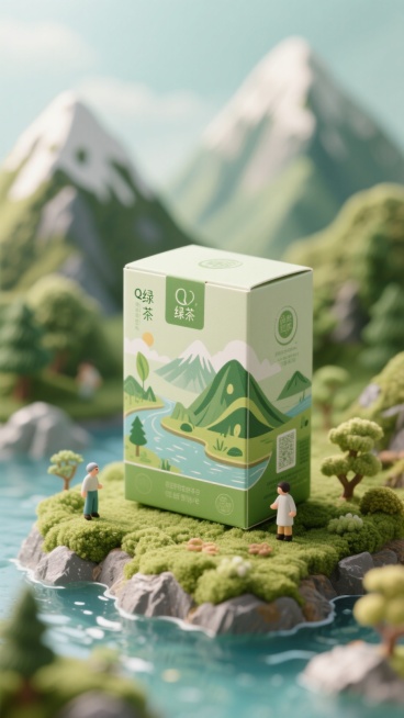 一个绿茶包装盒，具有山和水元素的插图,背景是一个空灵的山地景观，高品质摄影,丰富的细节，自然元素，预览效果