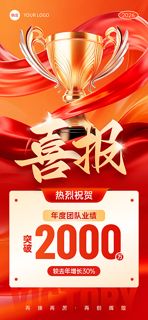 企业销售业绩喜报宣传红金喜庆感全屏竖版海报
