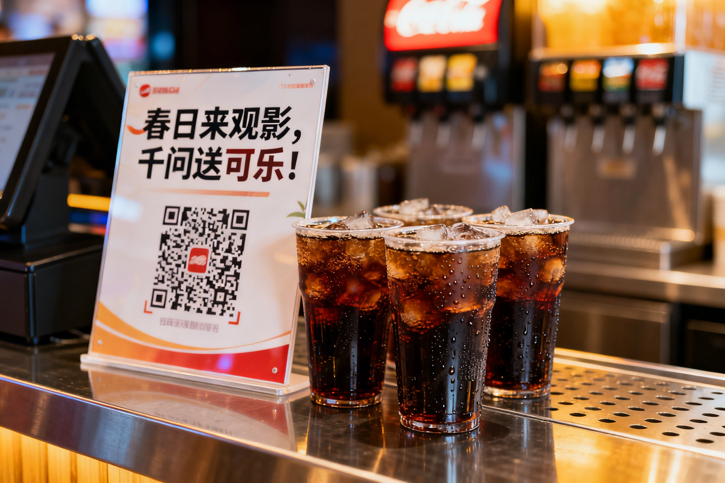 影院的结账柜台作为背景，结账柜台上放置着一个kt板，kt板上写… - 图片创意预览