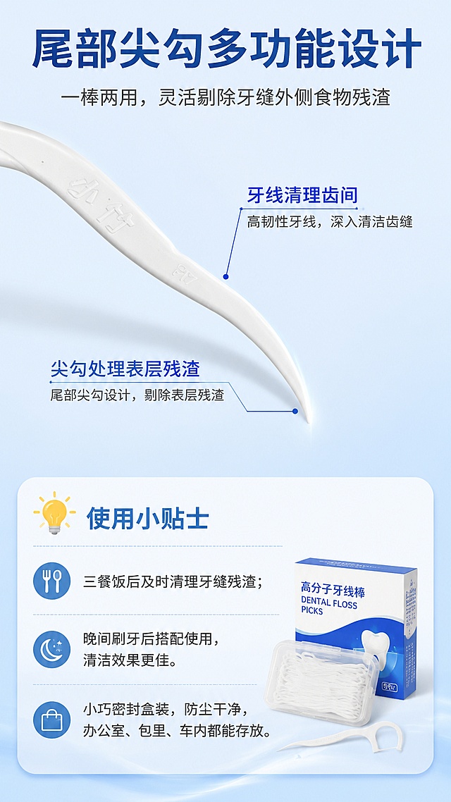 [第10屏] 细节②尾部设计+使用小贴士收尾。本屏使用【图3】牙线棒尾部特写。
[氛围/风格] 细节展示+温馨提示，浅蓝背景，清晰实用，收尾总结感。
[元素布局] 牙线棒尾部尖勾部分放大特写，占据画面上半部分中央，占比约40%，清晰展示尖勾的多功能设计；下半部分为使用小贴士文字区；背景为淡蓝色渐变，底部有产品盒装小图作为收尾；用引出线标注尾部尖勾细节；产品结构、颜色与输入图一致。
[光影质感] 均匀柔光照明，产品清晰立体，尖勾部分有高光勾勒，整体明亮干净。
[配色色系] 全局底色 #EFF6FF 淡蓝；主色深蓝 #1E40AF；辅助色白色、浅蓝、黄色（小贴士图标）。
[视角构图] 上下构图，上半部分尾部细节特写，下半部分使用小贴士文字，阅读动线从上到下。
[文字版式] 上部大标题「尾部尖勾多功能设计」深蓝色粗体居中；副标题「一棒两用，灵活剔除牙缝外侧食物残渣」。中间两条说明：「牙线清理齿间」「尖勾处理表层残渣」。底部黄色灯泡图标+「使用小贴士」标题，下方文字：「三餐饭后及时清理牙缝残渣；晚间刷牙后搭配使用，清洁效果更佳。小巧密封盒装，防尘干净，办公室、包里、车内都能存放。」
[比例分辨率] 9:16竖版比例，4K分辨率，文字清晰可辨，高清画质。
[负向提示词] 产品变形，结构错误，文字错乱，水印，颜色偏差，背景杂乱，细节模糊。