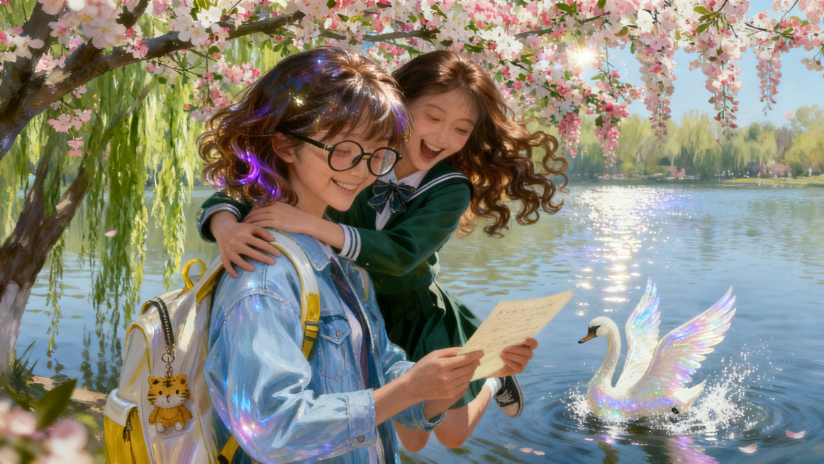 中景，明快色调，写实带奇幻氛围感，春日海棠花树下，林晓看完妈妈回信笑出梨涡，张瑶跳起来搂住林晓肩膀欢呼，小天鹅扑腾翅膀飞到湖面溅起水花，将林晓的衣服换成浅蓝色牛仔外套，参考图里牛仔外套的款式和颜色，保预览效果