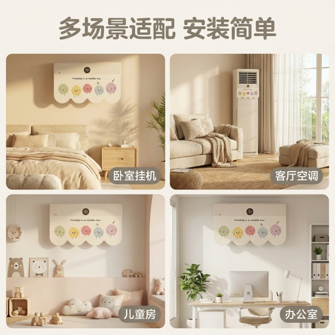 垫图：用户提供的空调挡风帘原图；主图主题：多场景适配展示；氛围/风格：清新治愈奶油北欧风，自然明亮；画面元素：四宫格布局展示挡风帘在不同场景的使用效果，分别是卧室挂机、客厅空调、儿童房、办公室四个场景预览效果