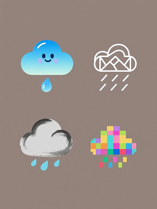 四个不同风格的下雨元素规整排布在纯色背景上，第一个是渐变蓝色卡通云朵配水滴，第二个是几何线条构成的抽象雨云图案，第三个是水墨风格的灰色云朵和雨滴，第四个是像素风格的彩色雨云图标，整体色彩明快多样，元素造型各异但保持下雨主题统一性
