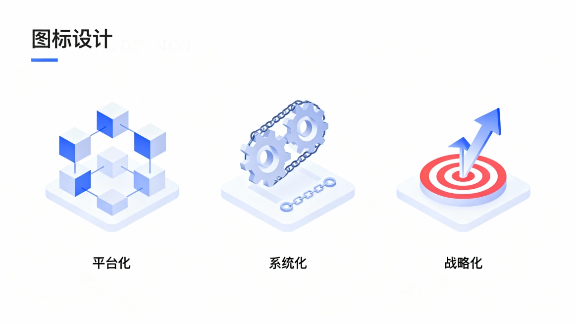 三张图等距排列，分别用组合的扁平化图标表现平台化、系统化、战略化，保持统一风格，扁平化插图，严谨，清新，浅色配色，主题突出，多点构图，黄金分割，结构合理，逻辑清晰，无杂乱元素，简约，纯白色背景，无文字预览效果