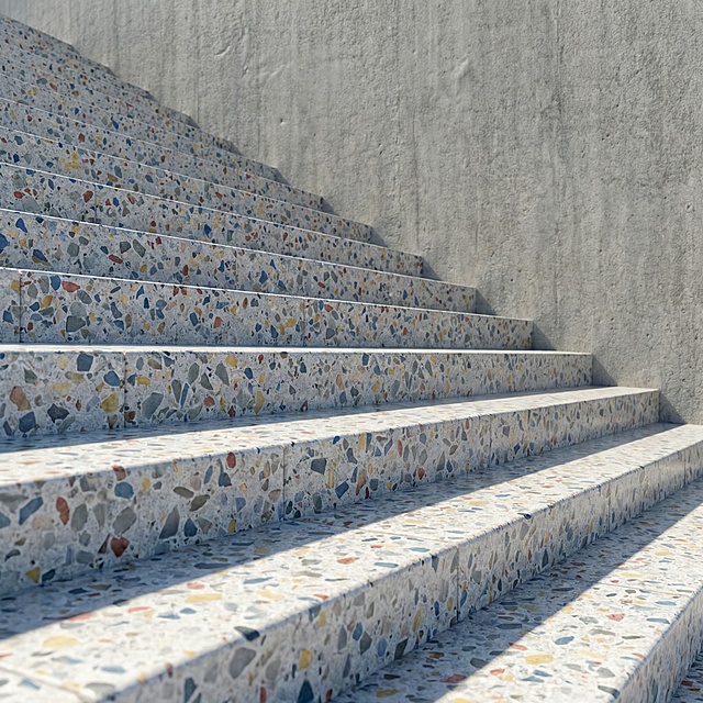 背景换成水泥背景，光线柔和，楼梯换成水磨石台阶