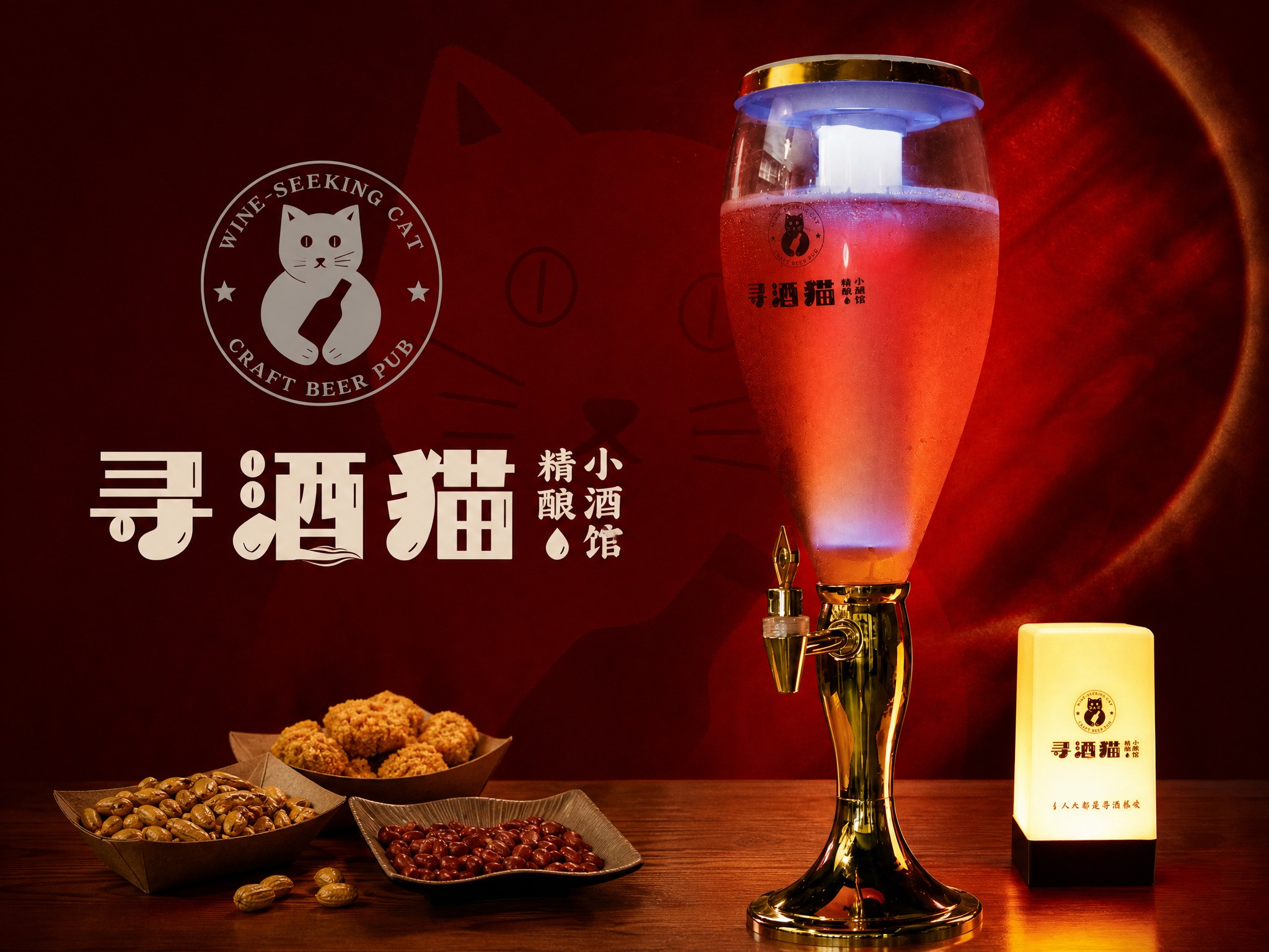 将主图中的寻酒猫精酿小酒馆酒塔产品与品牌LOGO，融合参考图的… - 图片创意预览