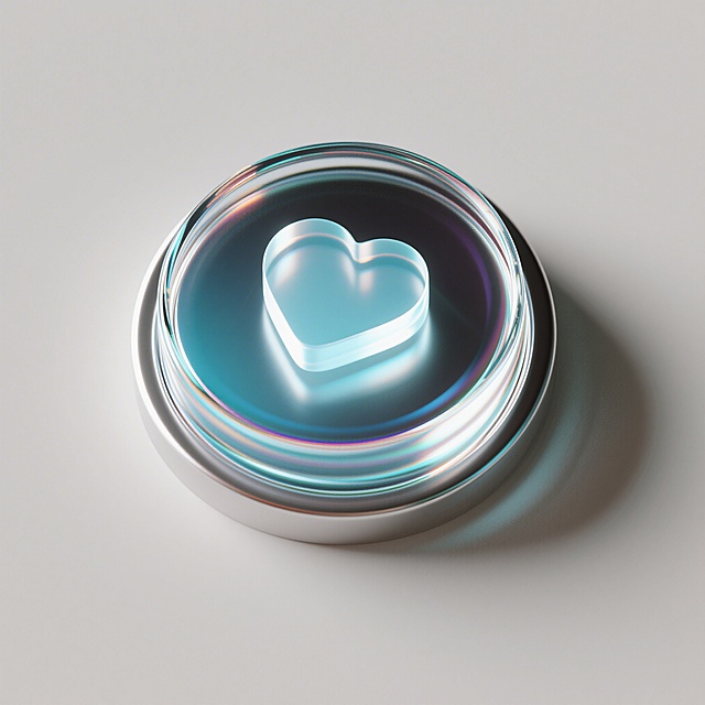 清透玻璃质感的3D心形液态图标，融合未来科技与重拟物设计，呈现晶莹剔透的视觉效果，适合情人节主题。