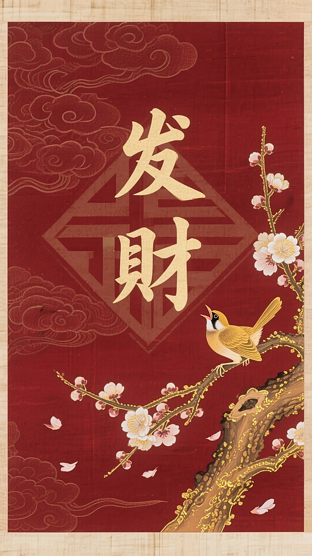 深红色背景，祥云暗纹，还有福字打底，右下角生出金色纹理梅花树，有掉落的花瓣，金边勾勒，有一只金雀鸟，张开嘴巴，鸣叫的样子，画面中间有“发财”两个大字
