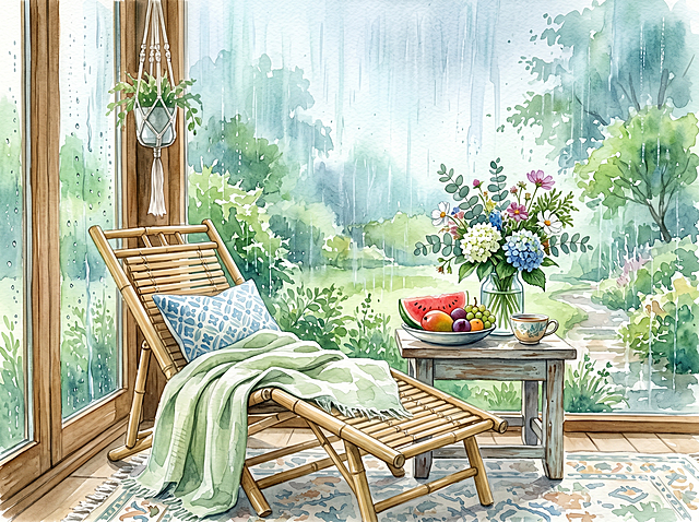 浅绿蓝色调夏天情景，室内放着一张可以躺着的竹椅，室内布置温馨，桌面上摆放着符合夏季的水果和插花，室外下着雨，水彩画风格，渐变自然，色彩丰富清新，富有水彩纸张肌理，插图绘画