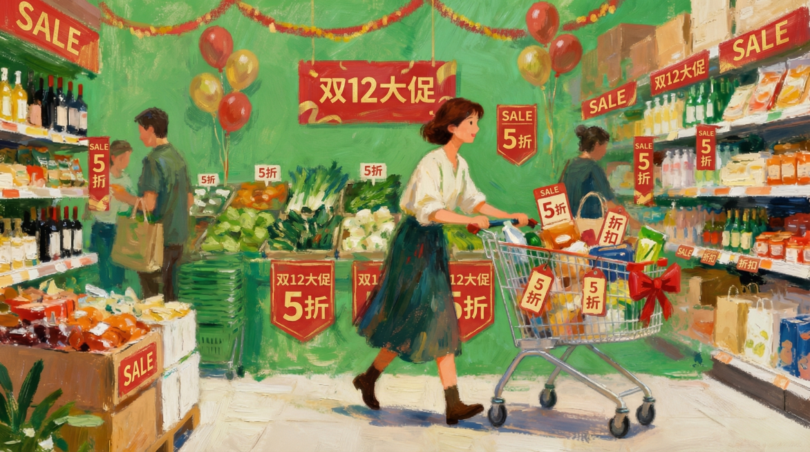 插画油画风格，手绘质感，一个女人推着购物小车的banner背景，整体色调以绿色为主，突出双十二购物促销卖点，购物车内装满折扣商品，超市货架增加促销标签和优惠标识，营造大促活动氛围，保留原有整体构图，无预览效果