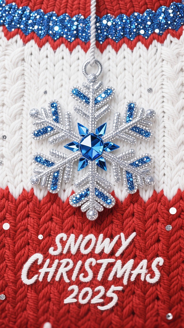 红白针织纹理背景，蓝银刺绣风雪花吊饰，双色设计搭配轻拟物质感，传递喜庆温馨甜蜜的圣诞氛围，点缀2025年节日信息。