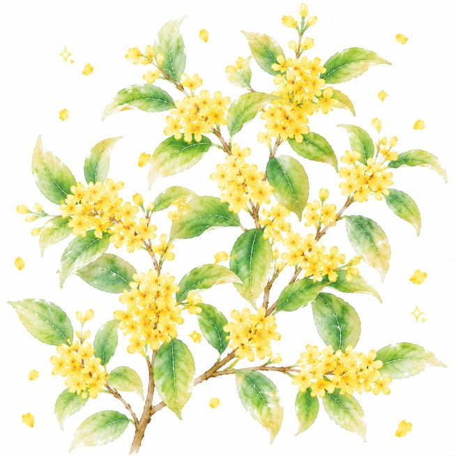 参考原图水彩手绘风格，生成桂花素材，增加枝条和花簇的数量，保持清新淡雅暖黄桂花配绿叶的水彩质感，白底，适合包装设计使用，整体比原图枝条更茂密预览效果