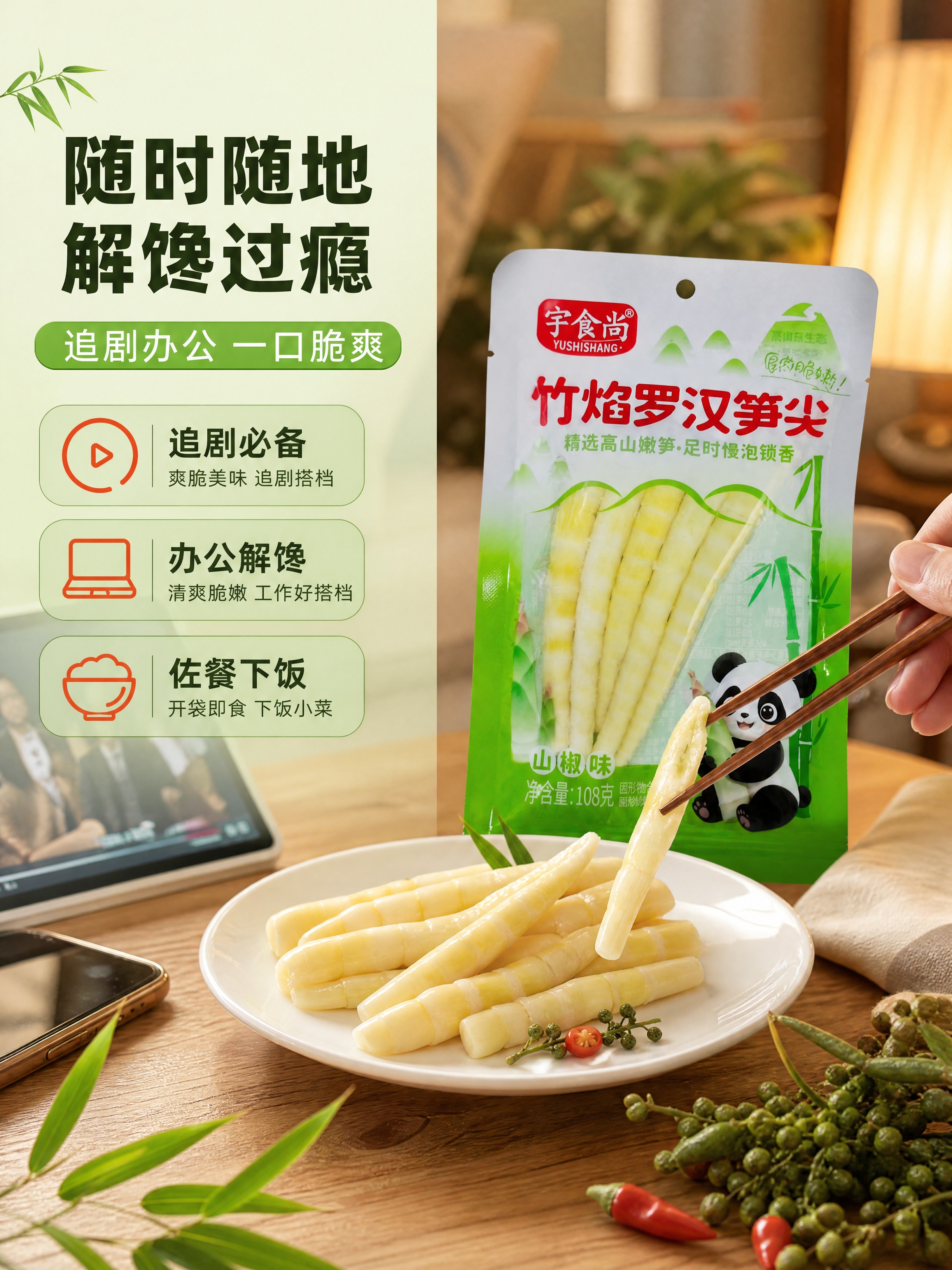 [商品] 使用【图2】宇食尚竹焰罗汉笋尖山椒味袋装产品；保留包… - 图片创意预览