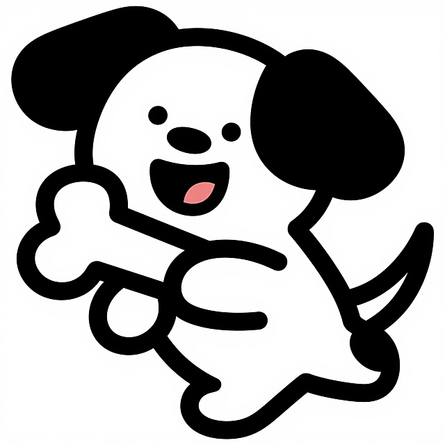 一个卡通风格的小狗，它正开心地叼着一根骨头。小狗和骨头都采用简洁的黑色线条勾勒轮廓，内部填充白色，线条流畅圆润，整体形象可爱俏皮，具有鲜明的扁平化设计特点，没有任何多余的细节和复杂的纹理，画面干净利落，充满童趣。