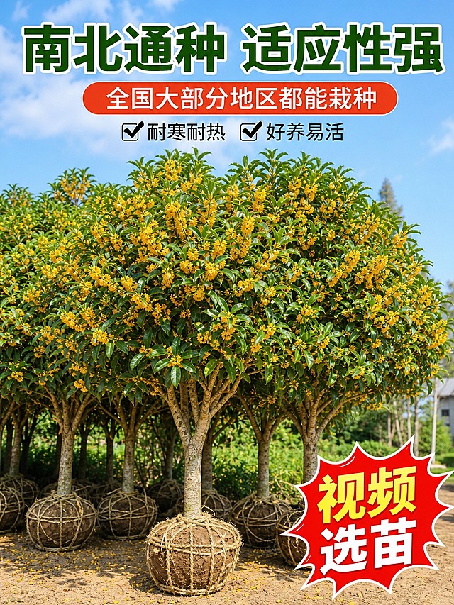 淘宝天猫电商主图，3:4竖版，实拍风格的开花桂花树苗植株，满树金黄桂花盛开，花团锦簇，枝叶翠绿茂盛，多棵粗壮的桂花树苗整齐排列，树干挺拔，带土球，背景是户外苗圃蓝天绿树的自然环境，真实感强。画面上方大字标题“南北通种 适应性强”，副标题“全国大部分地区都能栽种”，突出耐寒耐热、好养易活的特点，右下角加红色爆炸贴样式“视频选苗”标签，整体明亮清新，真实实拍感，激发购买欲。参考图3的实拍植株视觉风格。