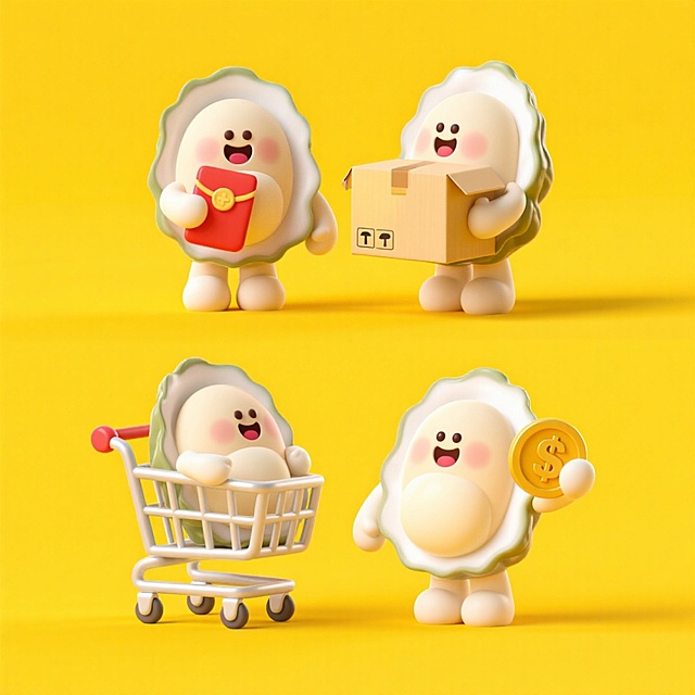 4个同角色不同动作的拟人化的生蚝：1、拿着红包，2、拿着快递盒，3、坐在购物车里，4、拿着金币。黄色背景，上下两行，排列整齐