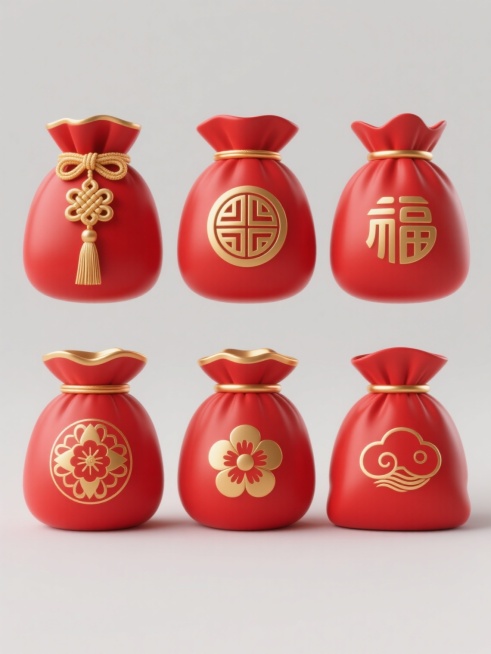 6个规整排布的3D渲染红色福袋，每个福袋拥有不同的金色装饰元素（如传统结、流苏、圆形图案、几何纹路、花朵纹样、祥云纹理），保持简约现代的造型风格，采用光滑的红色哑光材质与金色金属质感的对比，统一的柔和高光与轻微阴影处理，纯色背景，无文字，无logo，无水印，整体视觉层次清晰，色彩和谐统一，符合节日喜庆氛围的设计感。预览效果