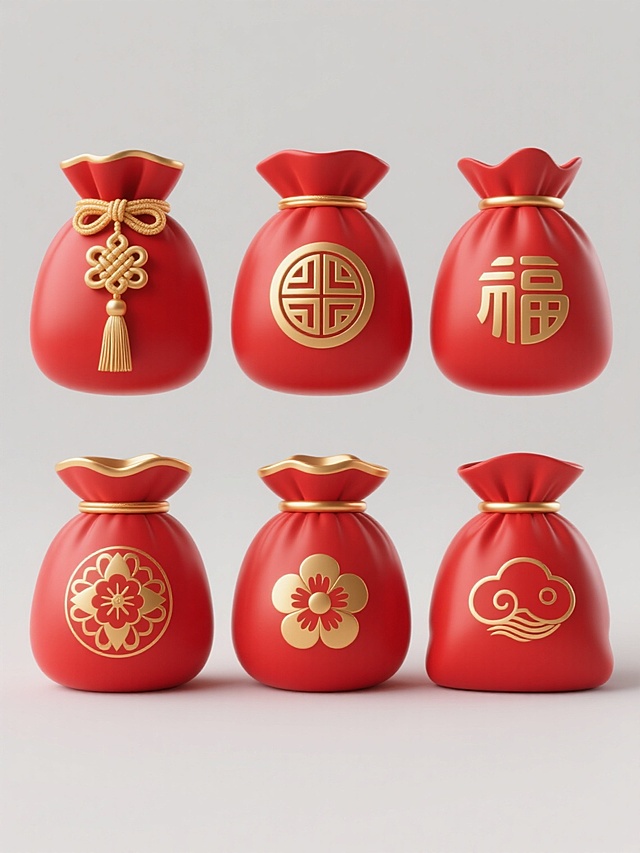 6个规整排布的3D渲染红色福袋，每个福袋拥有不同的金色装饰元素（如传统结、流苏、圆形图案、几何纹路、花朵纹样、祥云纹理），保持简约现代的造型风格，采用光滑的红色哑光材质与金色金属质感的对比，统一的柔和高光与轻微阴影处理，纯色背景，无文字，无logo，无水印，整体视觉层次清晰，色彩和谐统一，符合节日喜庆氛围的设计感。