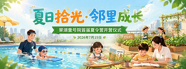 画面制作：
画面内容：
主题：夏日拾光·邻里成长
副标题：翠湖壹号院首届夏令营开营仪式
背景元素：小朋友夏令营的情景，有泳池学游泳，有屋顶天空菜园种菜、有绘本绘画，老师辅导作业；
开营时间：2026年7月15日
画面尺寸：6.4米长X2.4米高
