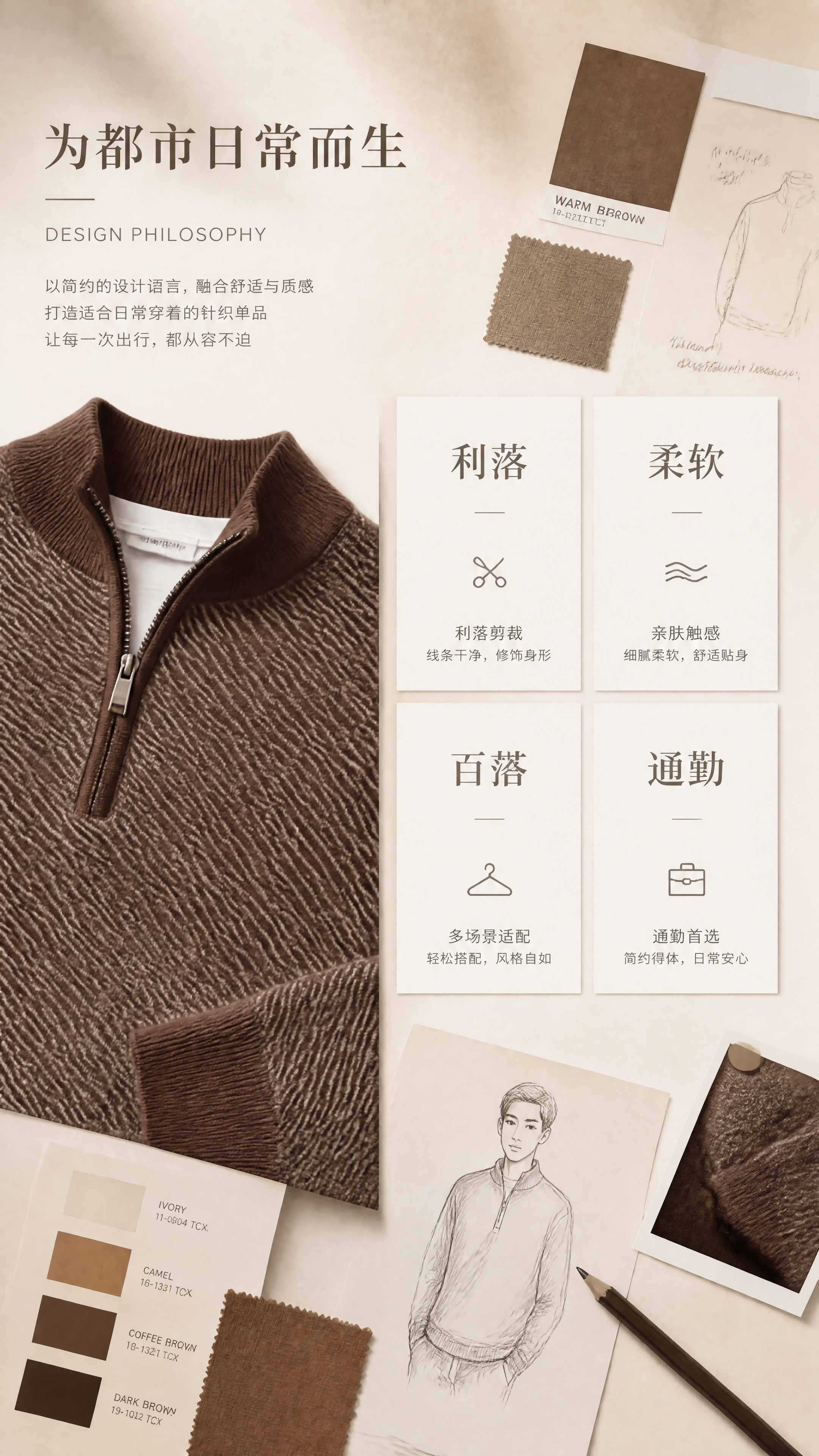 [第2张] 设计理念页-男士半拉链立领斜纹针织衫风格关键词诠释… - 图片创意预览