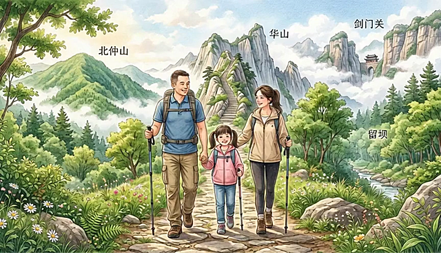 插画风融合国潮元素，水彩质感描绘虚拟自然山水，一家三口徒步于梦幻仙境，清新温馨，尽显亲子共游的诗意时光。