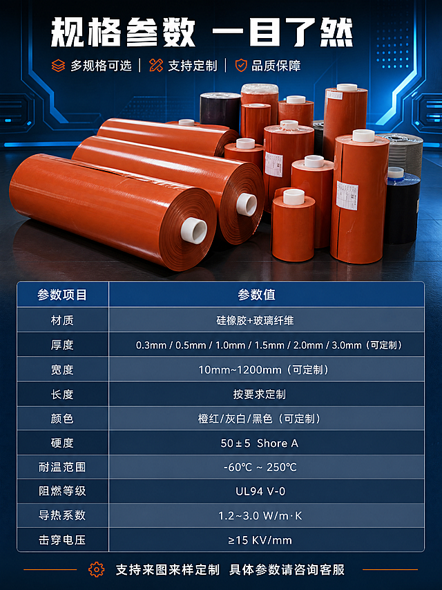 [商品] 使用【图6】多规格橙红色阻燃硅胶卷材；保留不同尺寸规格的卷材形态、橙红色材质、标签贴纸；真实产品陈列。
[画面] 规格参数页，目标：展示完整产品参数，方便客户选型。上下构图，上方产品多规格陈列占画面35%，下方详细参数表占画面65%；前景不同规格卷材错落摆放展示规格丰富，后景深蓝科技背景；阅读动线从产品展示到参数表格。
[视觉] 套系策略：风格=工业科技风商业摄影；标题字=粗黑无衬线工业字体；正文字=简洁无衬线体；主色=深蓝藏青；背景延展=基于深蓝做深浅渐变、科技网格纹理、工业金属质感；强调色=橙红，仅用于小面积图标、引线、数据标签和重点高亮；标题色=纯白；正文色=浅灰蓝；组件=规范参数表格、表头深蓝底白字、表行交替深浅、细线分隔；光影=均匀工业照明，产品清晰。
[文字] 顶部标题「规格参数 一目了然」；参数表包含：材质「硅橡胶+玻璃纤维」、厚度「0.3mm / 0.5mm / 1.0mm / 1.5mm / 2.0mm / 3.0mm（可定制）」、宽度「10mm~1200mm（可定制）」、长度「按要求定制」、颜色「橙红/灰白/黑色（可定制）」、硬度「50±5 Shore A」、耐温范围「-60℃ ~ 250℃」、阻燃等级「UL94 V-0」、导热系数「1.2~3.0 W/m·K」、击穿电压「≥15 KV/mm」；底部备注「支持来图来样定制 具体参数请咨询客服」。
[规格] 图片比例3:4竖版，4K分辨率，负向提示：避免变形、错字、文字过小、表格模糊、产品颜色改变、白底。