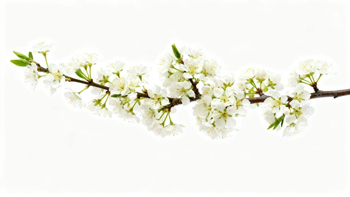 正中间放一枝盛开的李子花，李子花占据画面主要面积，背景为干净的纯白色春日风格，横屏宽幅构图，适合PPT展示，高清摄影，静物拍摄预览效果