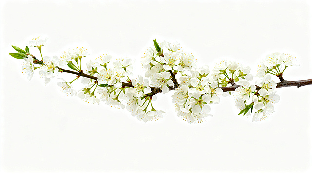 正中间放一枝盛开的李子花，李子花占据画面主要面积，背景为干净的纯白色春日风格，横屏宽幅构图，适合PPT展示，高清摄影，静物拍摄