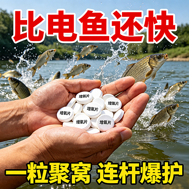 去掉图片右下角的“豆包AI生成”水印，保留其余所有内容不变，包括文字、增氧片、双手、背景和所有鱼元素