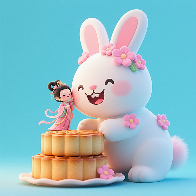 大兔带着粉色小花装饰（微笑）姿态亲昵地与身旁的迷你嫦娥互动，迷你小嫦娥依偎着大兔旁在二层堆叠月饼上，浅蓝色背景