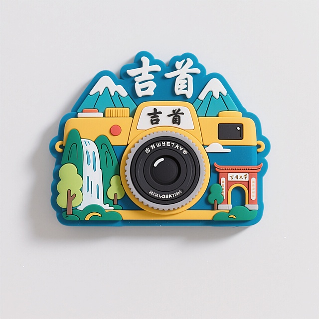 立体橡胶冰箱贴，复古相机造型，文字内容为“吉首”，相机上装饰高山、瀑布、吉首大学校门元素，配色鲜艳明亮