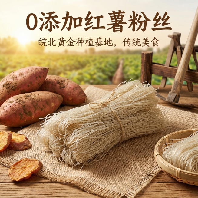 以红薯粉丝为主体，搭配文案"0添加红薯粉丝，皖北黄金种植基地，传统美食"，制作成适合电商平台的产品主图，风格自然质朴，突出产品原生态特质预览效果