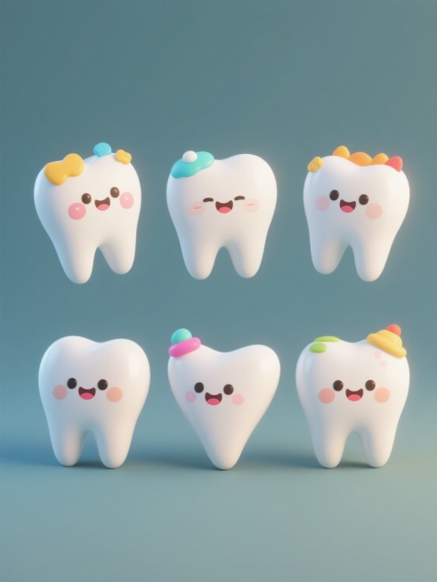 6个不同造型、不同形状、不同样式的牙齿素材集合，保持3D立体风格，圆润可爱的卡通形象，每个牙齿都有独特的表情和装饰，白色为主色调，搭配明亮的色彩点缀，规整排布在纯色背景上，光影柔和，具有平滑的渐变质感，整体呈现欢快活泼的氛围。预览效果