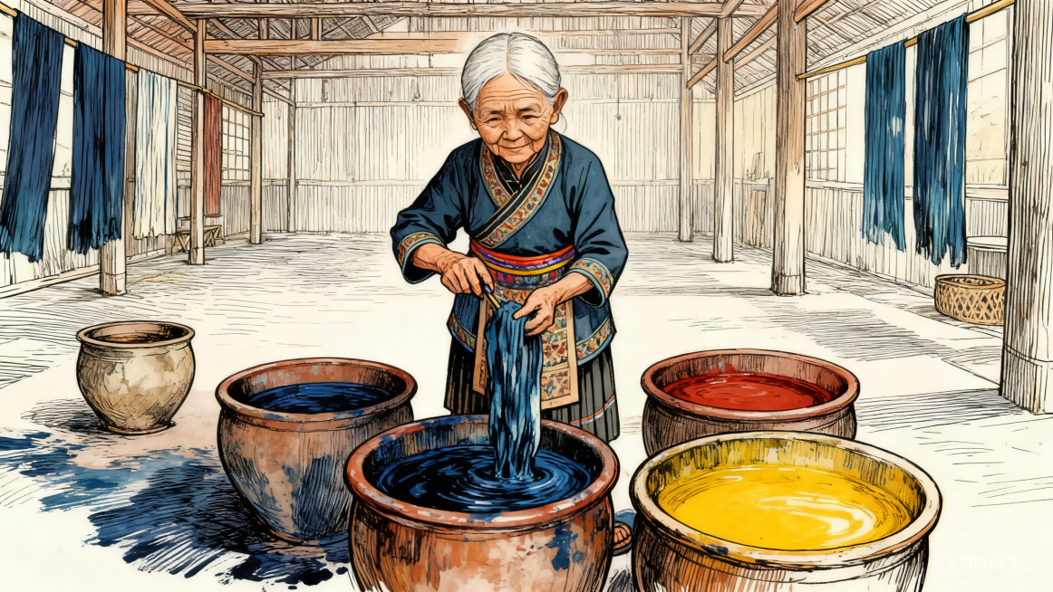 传统黎族染坊内部场景中，仅保留符奶奶一个人物，符奶奶正在用山兰米酒进行染布固色，多个陶缸里分别漾出靛蓝、赭红、明黄三种颜色的染料，手绘风格预览效果