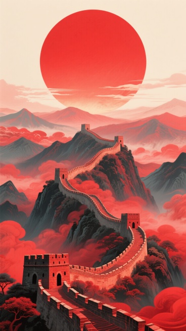 中国风插画风格，以红色为主色调，画面中央是一轮巨大的红日，下方是蜿蜒起伏的长城，长城周围是连绵的山脉，山间弥漫着红色的云雾，整体营造出庄严、神圣、大气的氛围，展现出中国的壮丽山河和民族精神，具有强烈的视觉冲击力和艺术感染力。预览效果